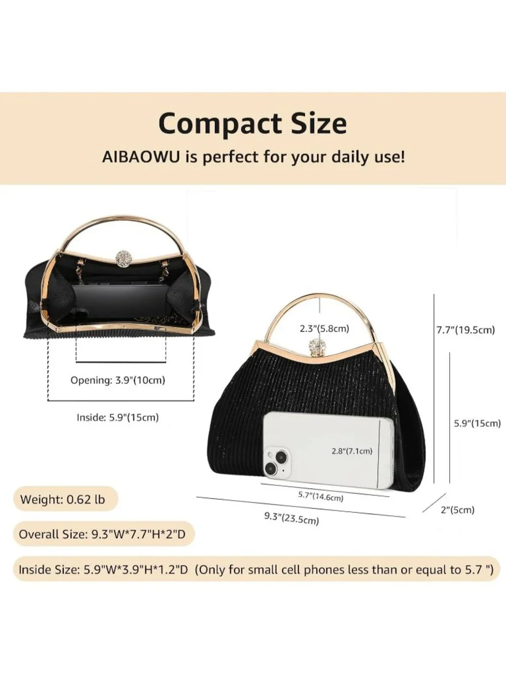 Women's Black Glitter Pleated Clutch Purse For Sparkly Evening Wedding Bag
